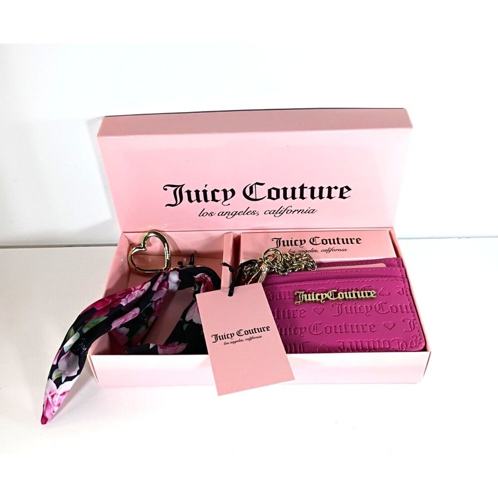 NWT Juicy Couture Hot Pink Card Wallet Key Chain & Scarf Gift Set Open Box - Picture 2 of 16